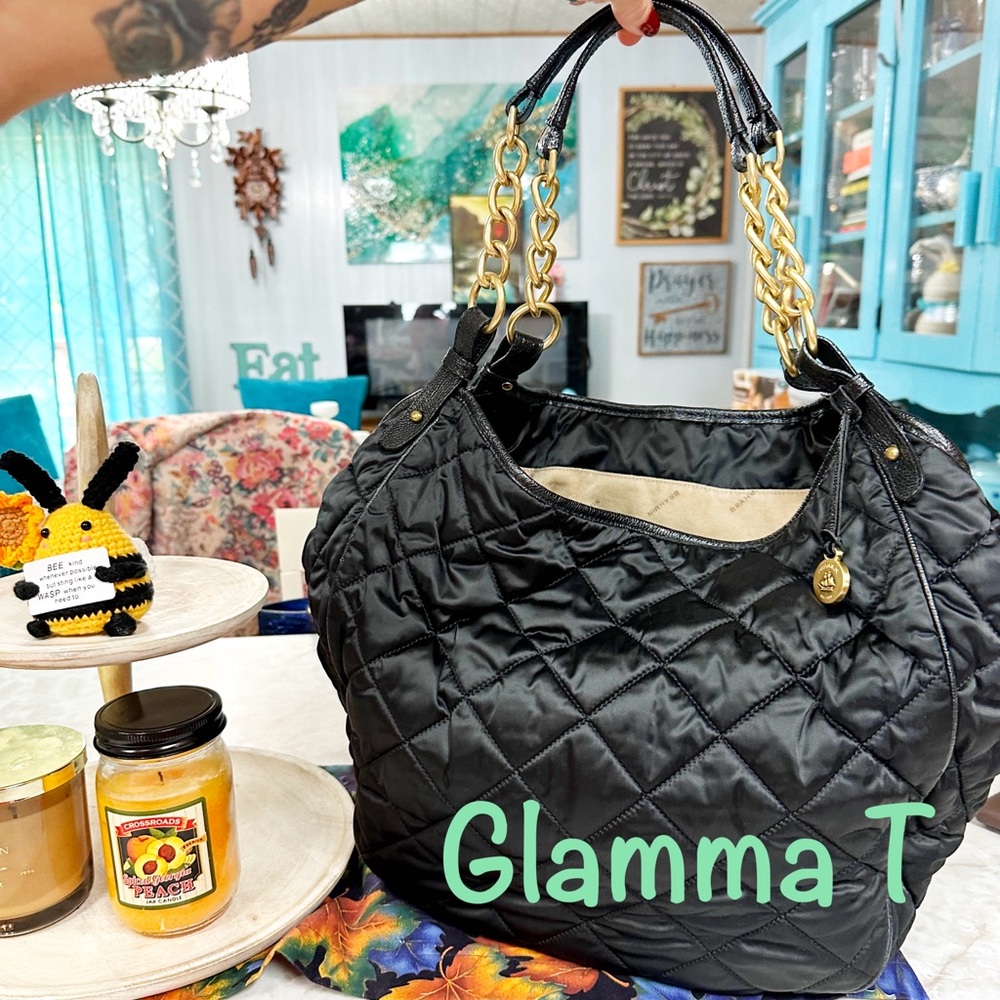 Brahmin Black Quilted Nylon & Leather Shoulder Bag with Bronze Hardware